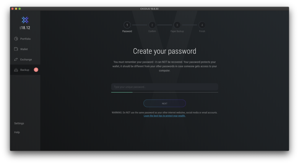 Create a password in Exodus